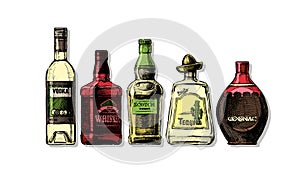 Bottles of alcohol. Distilled beverage