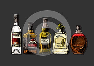 Bottles of alcohol. Distilled beverage