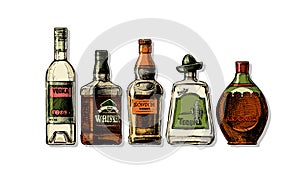 Bottles of alcohol. Distilled beverage