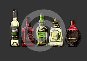 Bottles of alcohol. Distilled beverage