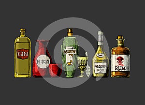 Bottles of alcohol. Distilled beverage