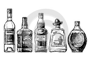 Bottles of alcohol. Distilled beverage