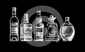 Bottles of alcohol. Distilled beverage