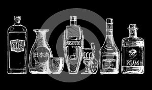 Bottles of alcohol. Distilled beverage