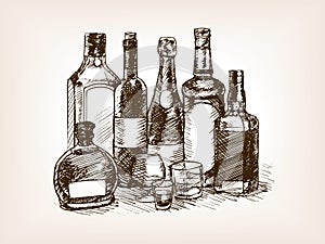 Bottles of alcohol drinks hand drawn sketch vector