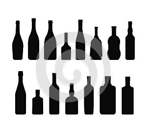 Bottles with alcohol set. black and white silhouette