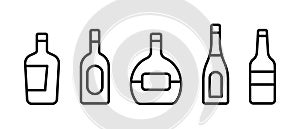 Bottles of alcohol vector icon set. Wine, whiskey, champagne and beer symbol. Linear glass bottles sign for restaurant menu design