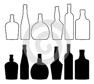 Bottles for alcoholic beverages, drinks. Wine, brandy, whiskey, cognac, vodka bottle set