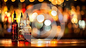 Bottles of alcoholic drinks against a blurred background on a bar counter