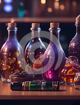 Bottles with alcoholic. Illustration created using artificial intelligence. Illustrations and Clip Art AI generated