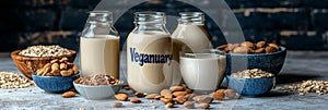 Bottles of almond and oat milk arranged with grains and nuts, featuring Veganuary branding on a rustic background. photo
