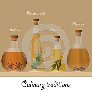 Bottles of anise, olive, rosemary and clove oil. Food ingredients. Vector illustration.