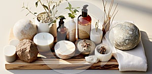 Bottles with aroma oil and cosmetics on a table, candles, stones and towel in a spa