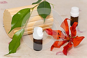 Bottles of aromatic oil and lily flower