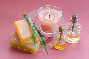 Bottles of aromatic oil and soap