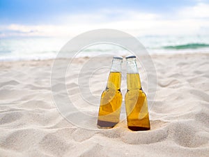 Bottles of Beer on the beach. Party, Friendship, Beer Concept.