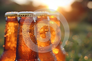 Bottles with beer on blurred background on sunset. Craft beer. Picnic, party, beer festival. Brewing