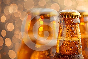 Bottles with beer on blurred background on sunset. Craft beer. Picnic, party, beer festival. Brewing