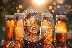 Bottles with beer on blurred background on sunset. Craft beer. Picnic, party, beer festival. Brewing