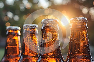 Bottles with beer on blurred background on sunset. Craft beer. Picnic, party, beer festival. Brewing