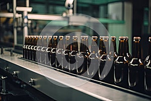 bottles of beer on conveyor belt in brewery factory. beverage industry, Beer bottles on a brewery conveyor production line, AI