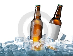 Bottles of beer on ice cubes against background