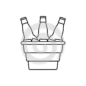 Bottles of beer in a metal bucket with ice cubes. Black and white vector illustration and icon on a white background.