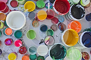 Bottles and buckets of acrylic colors with lids on white floor