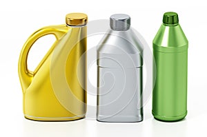 Bottles of car fluids isolated on white background. 3D illustration