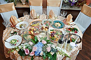 Bottles of champagne on wedding table