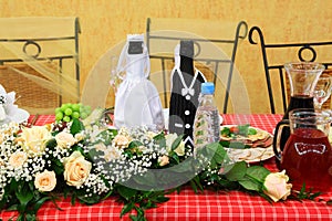 Bottles of champagne wine dressed in wedding gowns photo