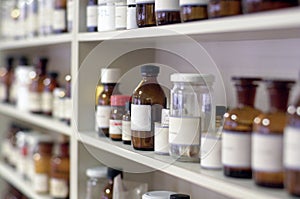 Bottles with chemical compounds in a laboratory, focus selected