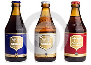 Bottles of Chimay Blue, White and Red beer