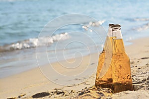 Bottles of cold beer on sandy beach near sea, space for text