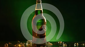 Bottles of cold and fresh beer with ice isolated, generative ai
