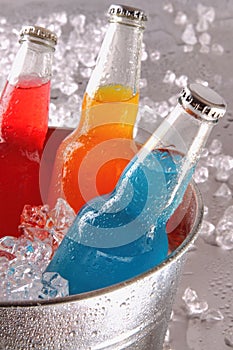 Bottles of cool drinks in ice bucket