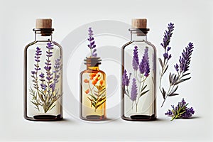bottles of cosmetics and lavender flowers