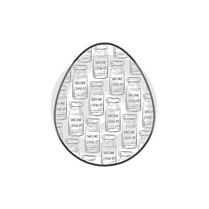 Bottles of covid-19 vaccine pattern inside Easter egg shape. Design element for Easter holidays in coronavirus