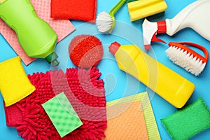 Bottles with detergent and cleaning tools