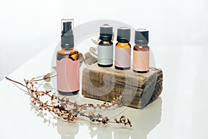 Bottles of different essential oils on wooden block with dry herbs on white background.