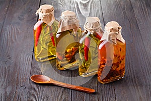 Bottles with different kinds of virgin vegetable oil