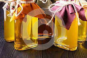 Bottles with different kinds of virgin vegetable oil