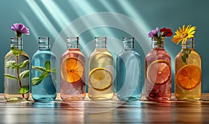 Bottles with drinks on the table on a blue background.