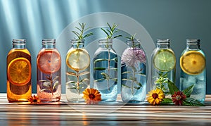 Bottles with drinks on the table on a blue background.