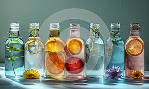 Bottles with drinks on the table on a blue background.