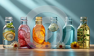 Bottles with drinks on the table on a blue background.