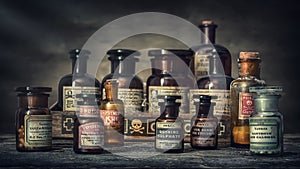 Bottles with drugs from old medical, chemical and pharmaceutical glass. Chemistry and pharmacy history concept background. Retro