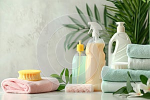 Bottles with eco friendly detergent, eco sponges and cleaning supplies