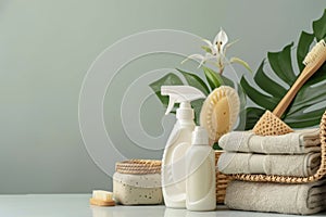 Bottles with eco friendly detergent, eco sponges and cleaning supplies