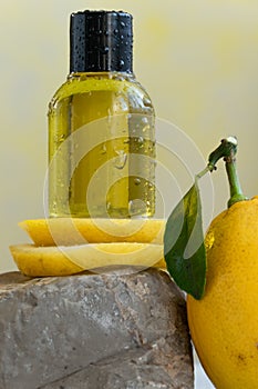 Bottles with essential lemon oil. Healthy natural beauty treatment